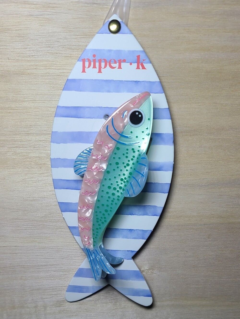 Piper K Trout sardine-shaped hair claw clip in an aqua, green, and pink colorway